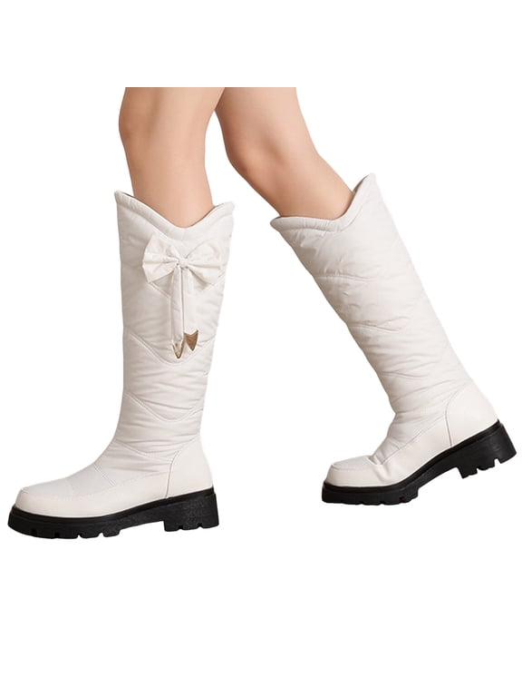 Women's White Winter Warm Down Cowboy Boots Cute Bowknot Plush Knee High Boots Pull On Furry Lined Platform Booties Size 7