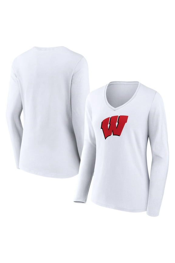 Women's White Wisconsin Badgers Logo Long Sleeve V-Neck T-Shirt