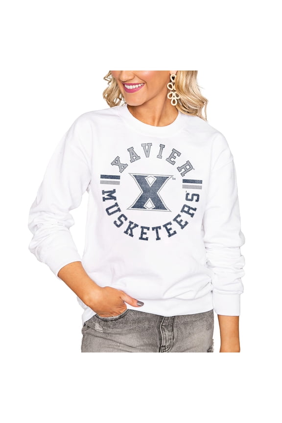Women's Gameday Couture White Xavier Musketeers Oversized Vintage Days Perfect Crew Sweatshirt