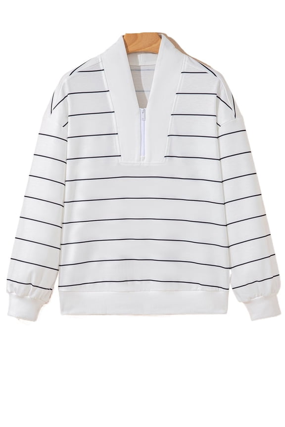 Women's White Zip V Neck Casual Stripe Print Drop Shoulder Long Sleeve Top - [ZhiHiMeRi] | L