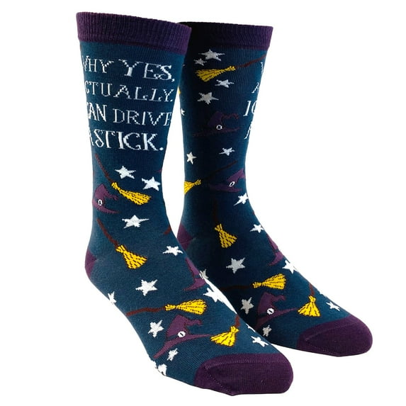 Women's Why Yes Actually I Can Drive A Stick Socks Funny Halloween Party Witch Graphic Novelty Footwear