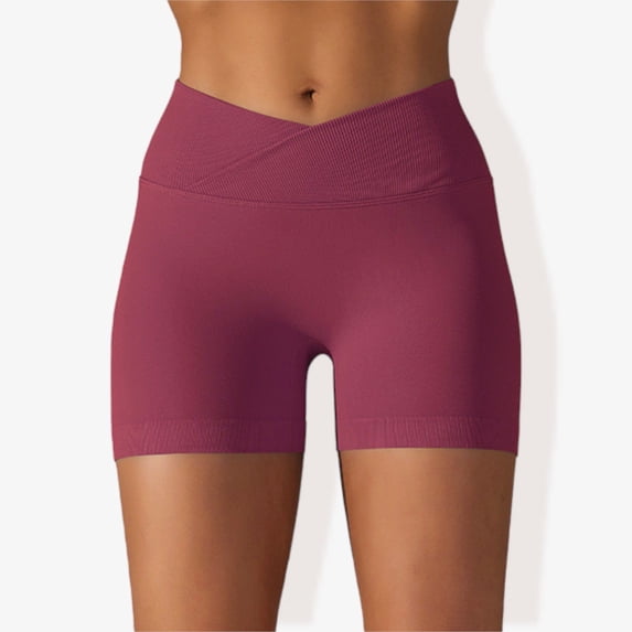 Women's Wide Band Stretchy Rib Knit Cross Front Gathered Biker Shorts-Small, Burgundy