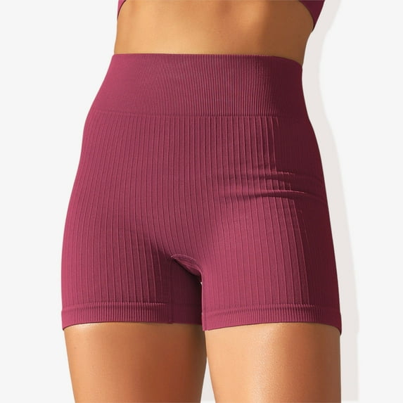 Women's Wide Band Stretchy Rib Knit Seamless Gathered Biker Shorts-Medium, Burgundy