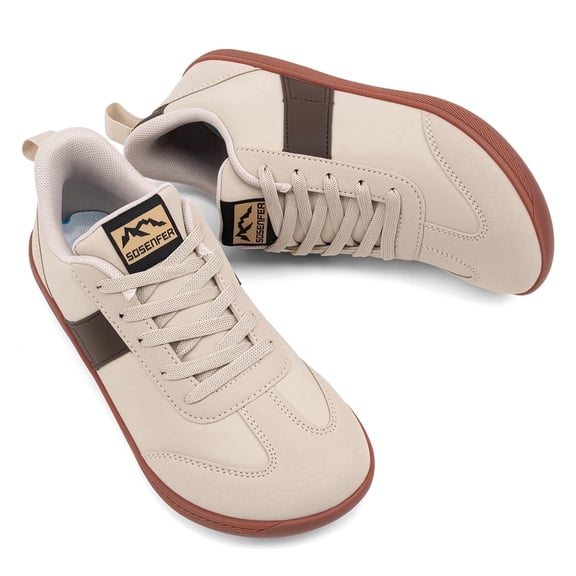 Sosenfer Women's Leather Wide Toe Box Barefoot Shoes Zero Drop Walking Sneakers Minimalist Casual Shoes Beige