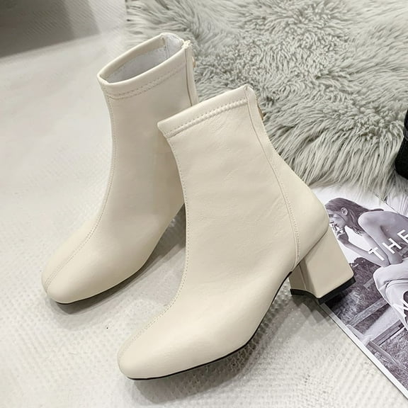 Women's Wide Booties with Block Low Heel & back Zipper | Black and Beige Short Boots