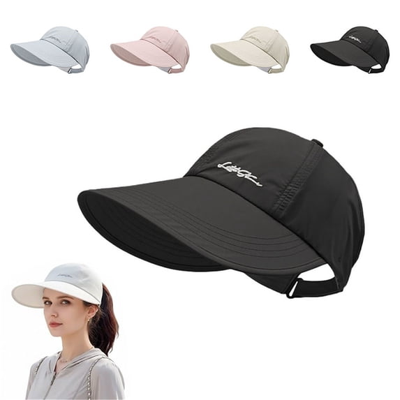 Women's Wide Brim Baseball Cap with Ponytail Hole, Lightweight Quick-Dry Sun Hat, Adjustable Sun Visor for Running, Hiking, Beach, and Outdoor Activities - Black