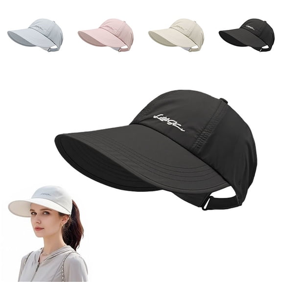 Women's Wide Brim Baseball Cap with Ponytail Hole, Lightweight Quick-Dry Sun Hat, Adjustable Sun Visor for Running, Hiking, Beach, and Outdoor Activities - Black