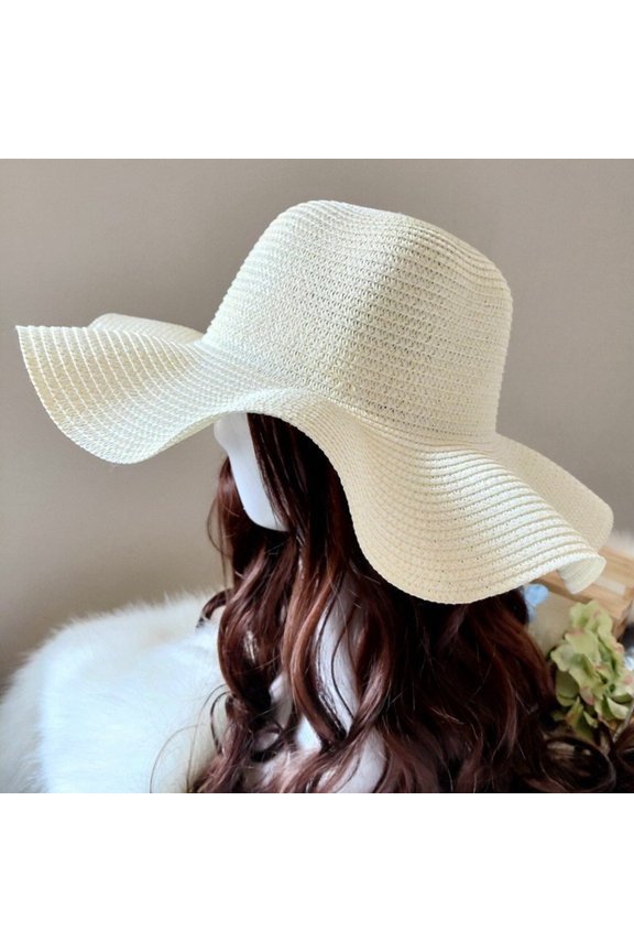 Women's Wide Brim Beach Sun Hat Straw Summer Hat Wave Ribbon Sun Protection Hat