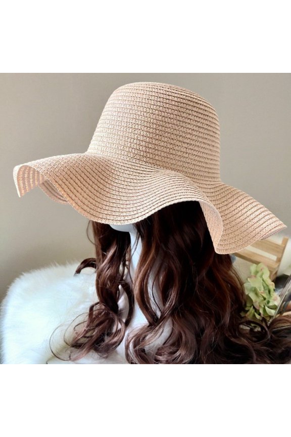 Women's Wide Brim Beach Sun Hat Straw Summer Hat Wave Ribbon Sun Protection Hat