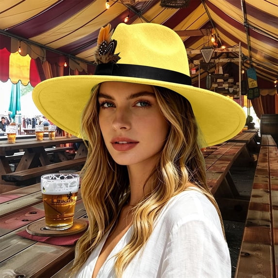 Women's Wide Brim Felt Fedora Hat with Faux Feather Classic Retro Jazz Cap Adjustable Elegant Party Dress Up Hat