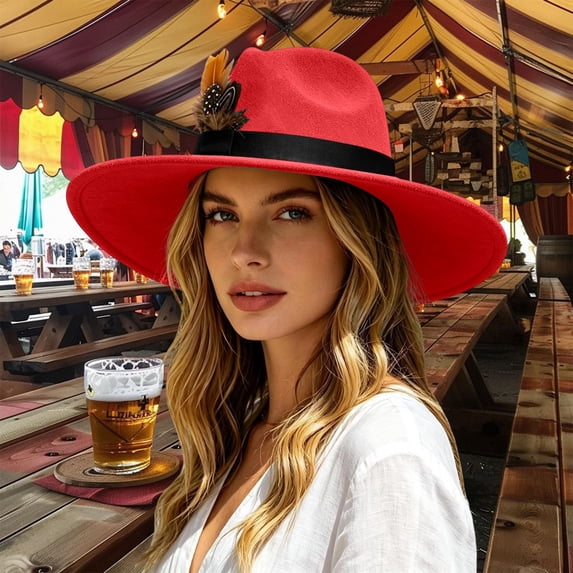 Women's Wide Brim Felt Fedora Hat with Faux Feather Classic Retro Jazz Cap Adjustable Elegant Party Dress Up Hat