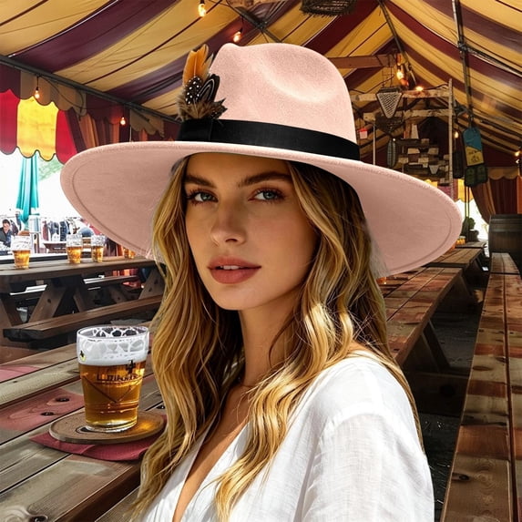 Women's Wide Brim Felt Fedora Hat with Faux Feather Classic Retro Jazz Cap Adjustable Elegant Party Dress Up Hat