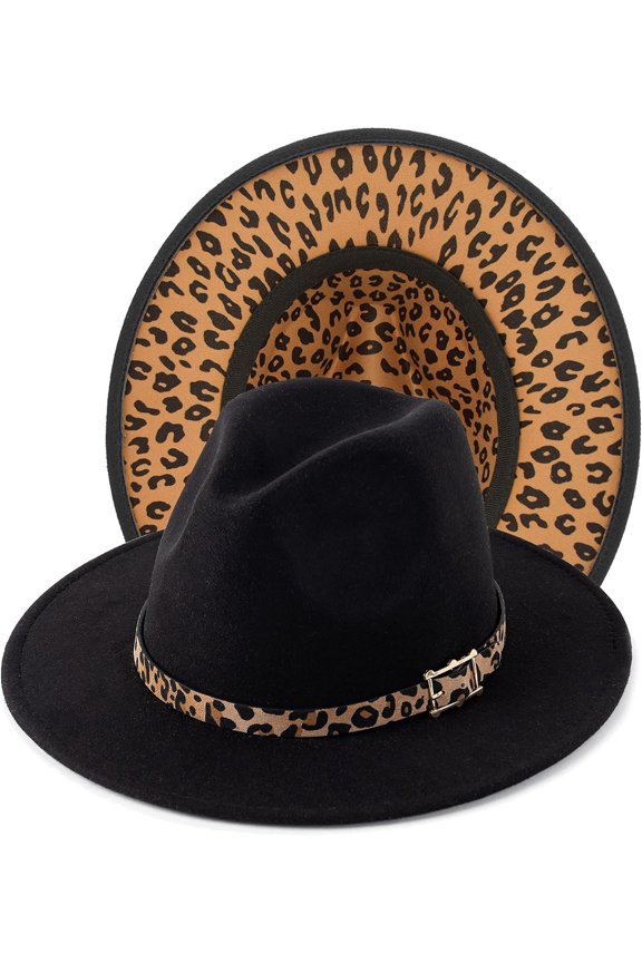 Women's Wide Brim Felt Fedora Panama Hat with Leopard Belt Buckle