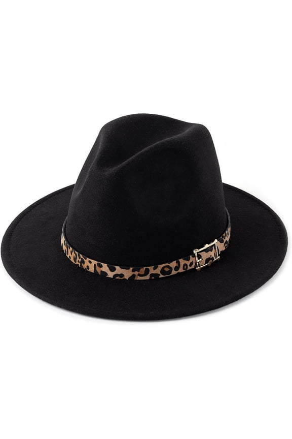 Women's Wide Brim Felt Fedora Panama Hat with Leopard Belt Buckle