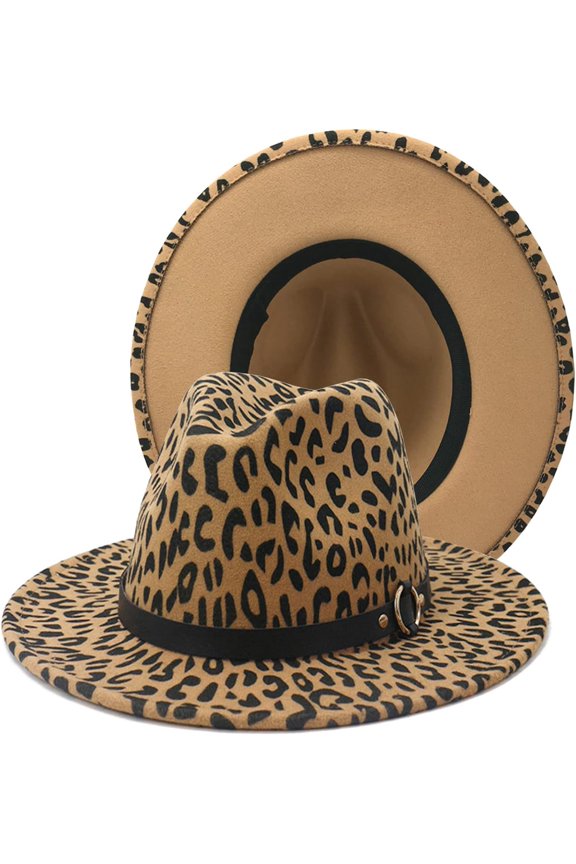 Women's Wide Brim Felt Fedora Panama Hat with Leopard Belt Buckle