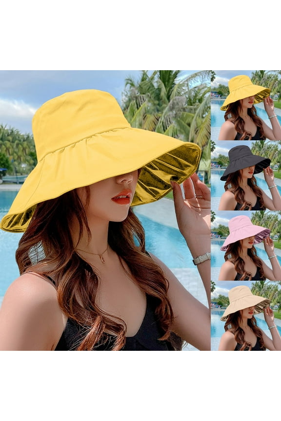 Women's Wide Brim Fisherman Hat, Foldable Sun Hat with UV Protection, Lightweight Polyester Beach Hat for Women, Summer Outdoor Sun Protection Accessory for Pool, Travel-Black