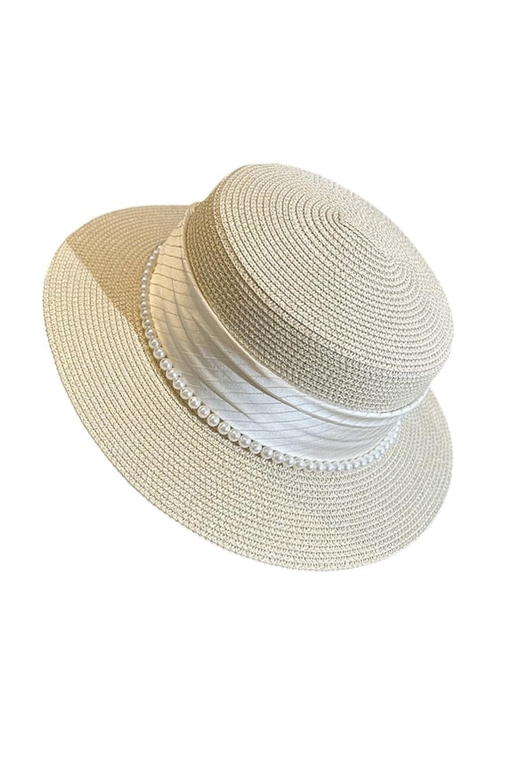 Women’s Wide Brim Flat Straw Sun Hat with Pearl Accent, Elegant Satin Band, UV Protection for Beach & Vacation Beige One Size