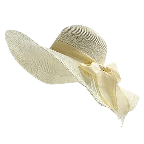 Women's Wide Brim Floppy Sun Hat with Bow, Large Brim Straw Hat for Beach Vacation, Garden Parties, and Effective UV Protection, Colorful and Fashionable Summer Hat Beige