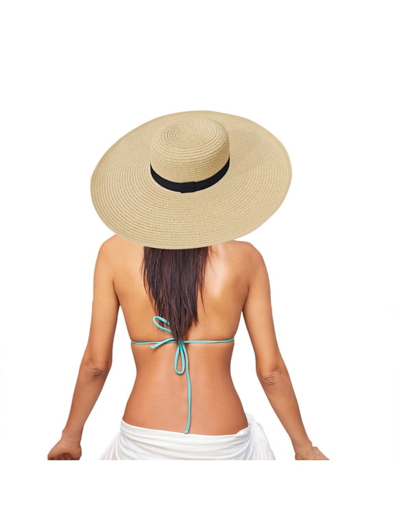 Women's Wide Brim Foldable Sun Hat, Packable Roll Up Beach Straw Hat for Women, Summer Sun Cap for Vacation and Resort Wear, Floppy UV Protection Hat for Women Beige
