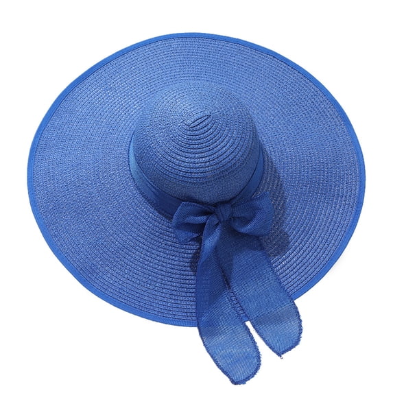 Women's Wide Brim Straw Beach Hat, Large Brim Sun Protection Summer Cap, Foldable Roll Up Floppy Hat for Vacation Poolside or Garden Party, UV UPF50+ - Dark Blue
