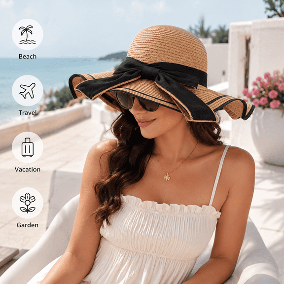 SHOPKINGL Women's Wide Brim Straw Sun Hat with Bowknot, Foldable Beach Hat for Summer Travel