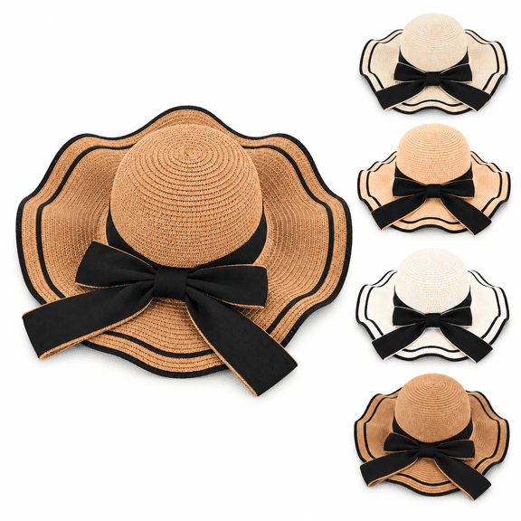 SHOPKINGL Women's Wide Brim Straw Sun Hat with Bowknot, Foldable Beach Hat for Summer Travel