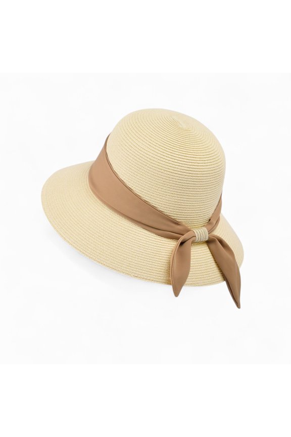 Women's Wide Brim Straw Hat with Twisted Bow Back Detail and Sun Protection Design - Khaki