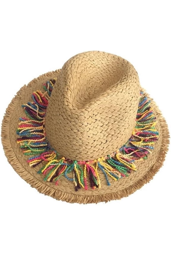 Women's Wide Brim Straw Panama Sun Hat, Foldable UV Protection Beach Visor with Fringed Edge for Summer Vacation and Travel