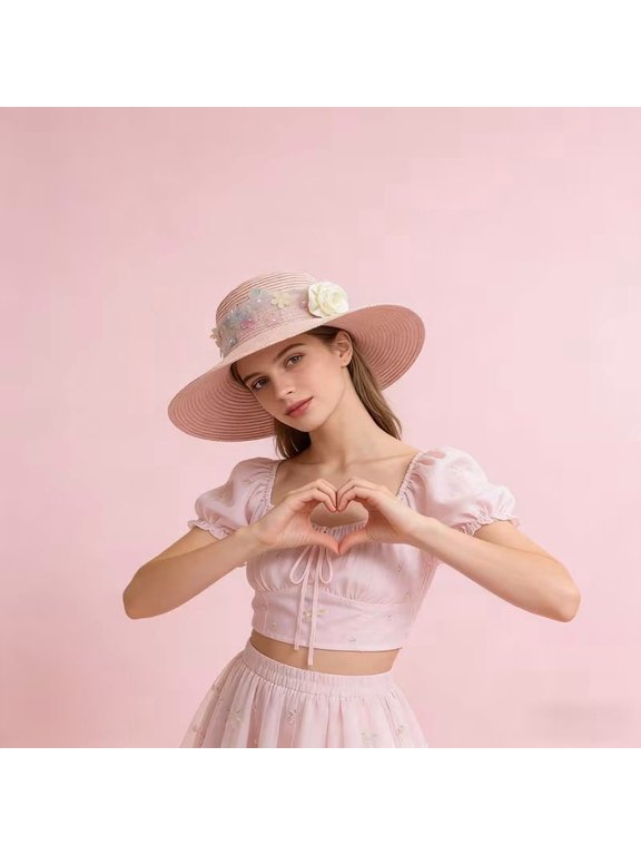 Women's Wide Brim Straw Sun Hat with 3D Satin Red Rose & Pastel Floral Band Soft Foldable Lightweight Breathable for Beach Travel Vacation Bohemian Style