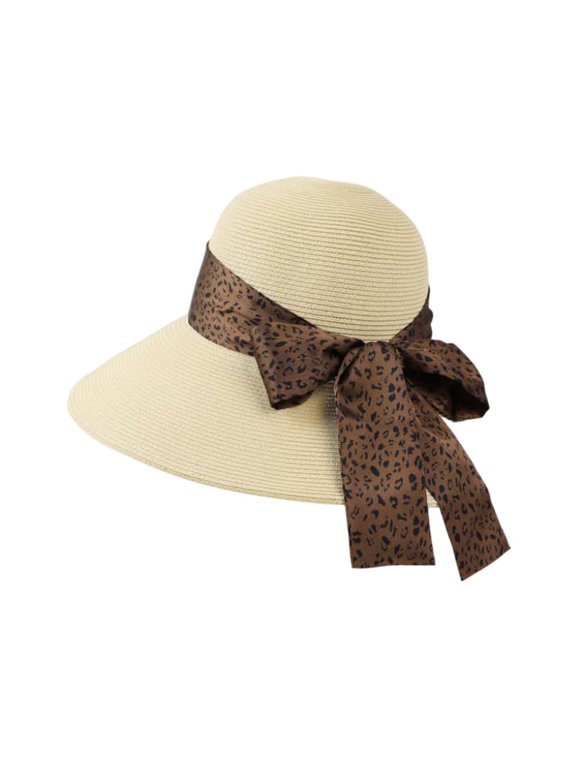 Women's Wide Brim Straw Sun Hat, Elegant Leopard Bow Beach Cap, Summer UV Protection Fedora, Chic Vacation Panama Safari Hat.
