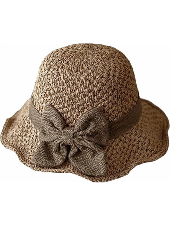 Women's Wide Brim Straw Sun Hat – Retro Woven Handmade with Ruffled Bow, Foldable & Breathable Crochet Bucket Hat for Summer Beach, Travel, Gardening(RL Light coffee 1 PC)