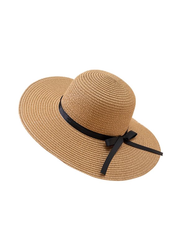 Women's Wide Brim Straw Sun Hat with Bow Foldable Floppy UPF 50+ Beach Vacation Summer Cap
