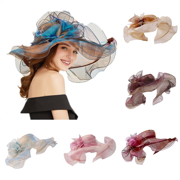 Women's Wide Brim Sun Hat, Elegant Organza Fascinator with Flower, UV Protection Floppy Hat for Beach Wedding, Garden Party, Street Photography and Travel-Beige