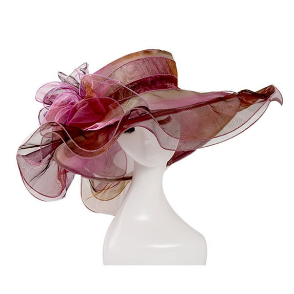 Women's Wide Brim Sun Hat, Elegant Organza Fascinator with Flower, UV Protection Floppy Hat for Beach Wedding, Garden Party, Street Photography and Travel-Purple