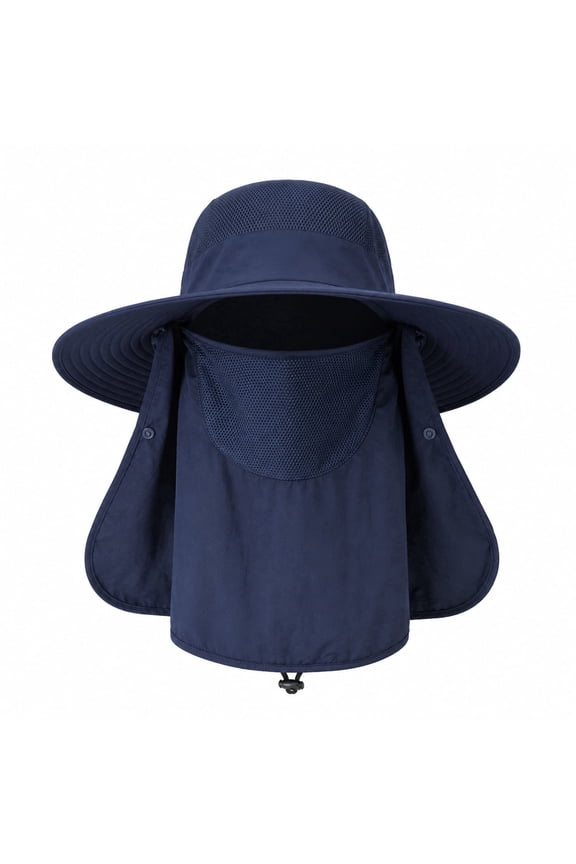 Women's Wide Brim Sun Hat, Dark blue, Face Cover and Neck Flap, Breathable Adjustable, for Beach Hiking Camping