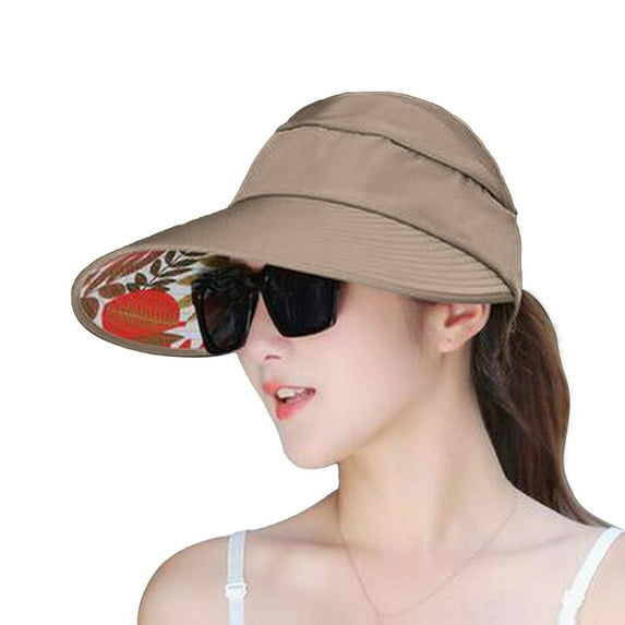 Women's Wide Brim Sun Hat with Floral Print Lining, Foldable Beach Hat for Summer, Packable Outdoor Sun Protection Hat for Travel and Fishing - Rose Gold
