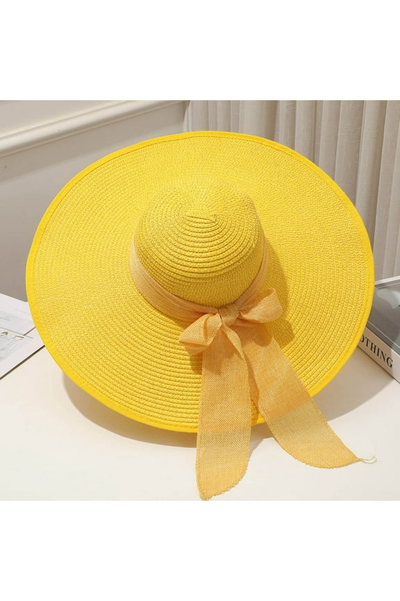 Women's Wide Brim Sun Hat, Straw Style Beach Hat with Bow, UPF Sun Protection Floppy Hat for Women, Summer Outdoor Sun Hat for Beach, Travel, and Garden Party-Yellow