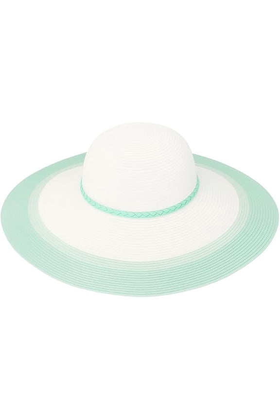 Womens Wide Brim Sun Hat  White Straw Beach Hat with Aqua Green Brim & Braided Band  Foldable Packable Summer Hat for UV Protection