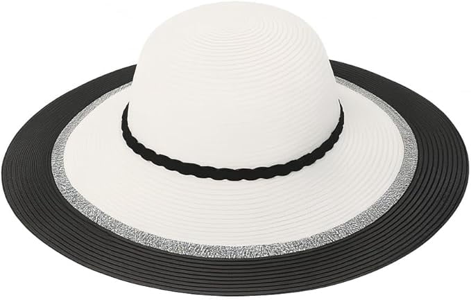 Women's Wide Brim Sun Hat – White Straw Beach Hat with Black Brim