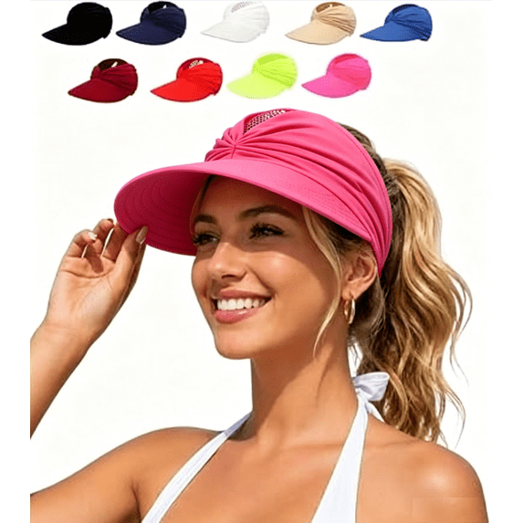 Women’s Wide Brim Sun Visor Hat, UPF 50+ UV Protection Lightweight Foldable Ponytail Hat for Summer Beach Golf Outdoor