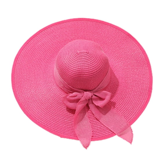 Women's Wide Brim UPF 50+ Straw Sun Hat with Bow - Foldable Packable Summer Beach Hat with Chin Strap Large Floppy Foldable Roll up Beach Cap for Holiday Traveling,Hot Pink