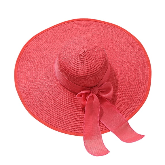Women's Wide Brim UPF 50+ Straw Sun Hat with Bow - Foldable Packable Summer Beach Hat with Chin Strap Large Floppy Foldable Roll up Beach Cap for Holiday Traveling,Watermelon Red