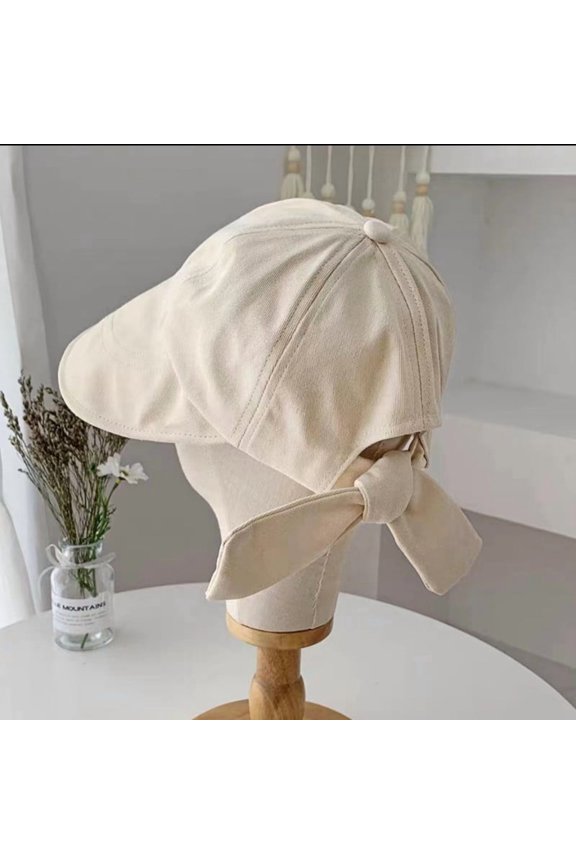 Women’s Wide Brim Visor Cap with Bow Tie-Tie Bow-Beige