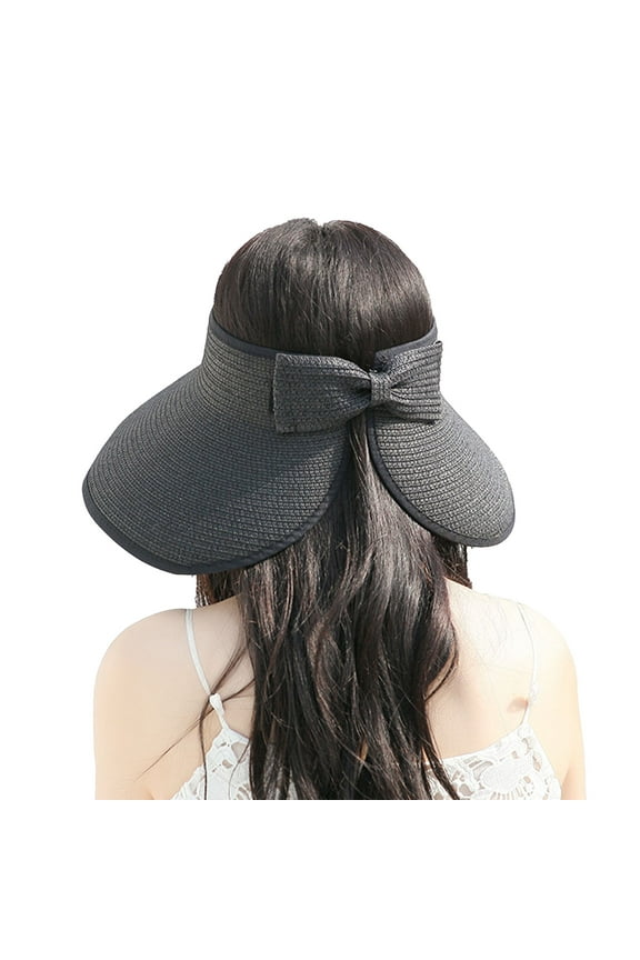 Women's Wide Brim Visor Hat with Bow Detail Adjustable Velcro Closure for Beach or Outdoor Protection - Black
