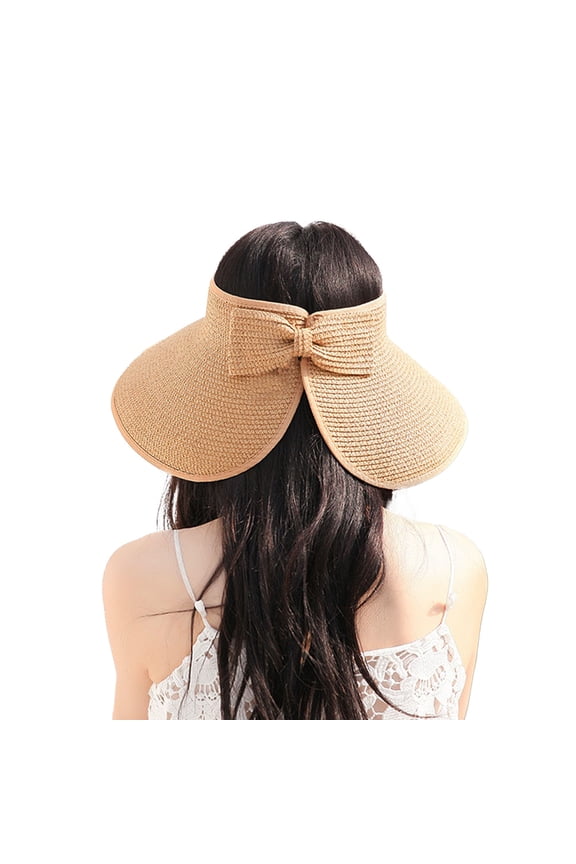 Women's Wide Brim Visor Hat with Bow Detail Adjustable Velcro Closure for Beach or Outdoor Protection - Khaki