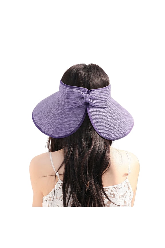 Women's Wide Brim Visor Hat with Bow Detail Adjustable Velcro Closure for Beach or Outdoor Protection - Purple