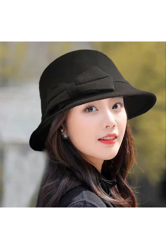 Women's Wide Brim Wool Hat, Double Layer Bowknot Decor Vintage Cloche Hat, Elegant Church Wedding Guest Hat for Women, Autumn Winter Tea Party Vintage Hat and Special Occasion Accessory Black