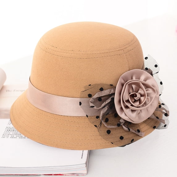 Women's Wide Brim Wool Hat with Flower Decor, Vintage British Style Cloche Bowler Hat for Women, Elegant Church Wedding Guest Hat for Autumn Winter Formal Occasions and Parties Beige