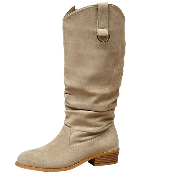 Women's Wide Calf Cowboy Knee High Boots Casual Chunky Low Heel Slouchy Boots Womens Suede Pointed Toe Ruched Fall Winter Knee High Boots