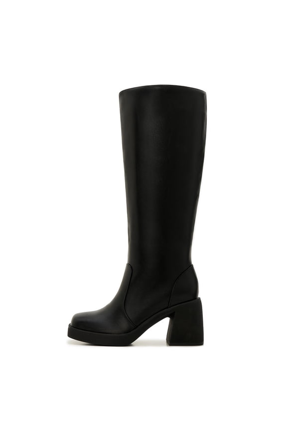 Women's Wide Calf Knee High Boots – Black Platform Chunky Heel Tall Plus Size Boots for Women, Faux Leather Fall Winter Fashion 8w